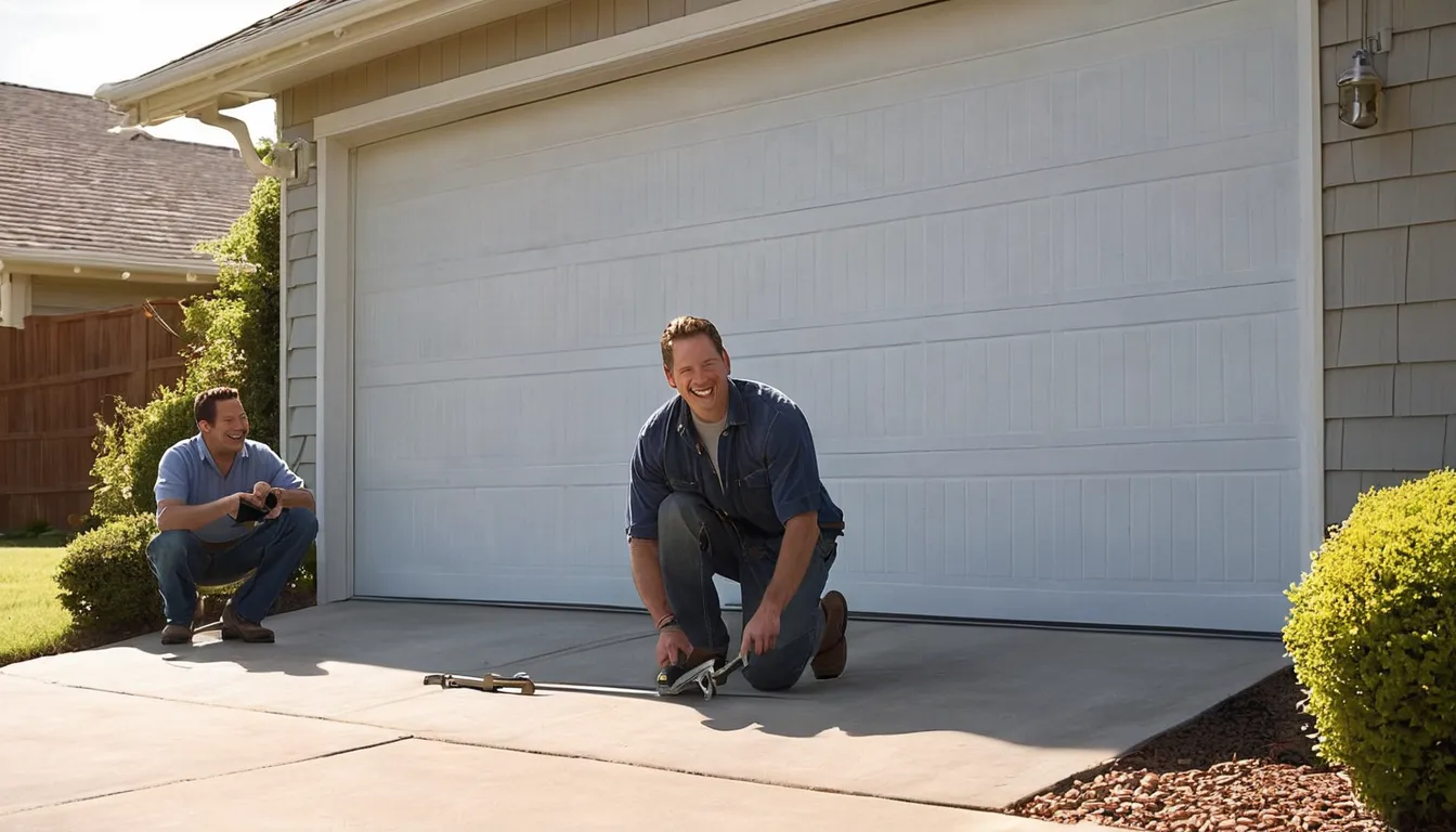 A provider repairing a garage door track on a home in Lancaster